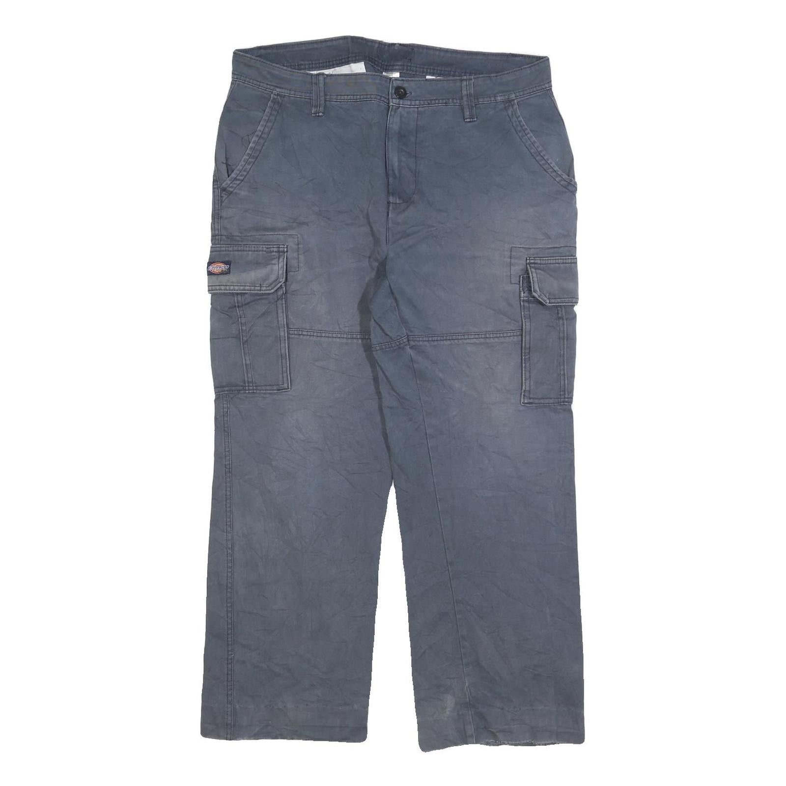 DICKIES Mens Cotton Blend Blue Relaxed Cargo Trousers W36 L28 Workwear Zip Pants