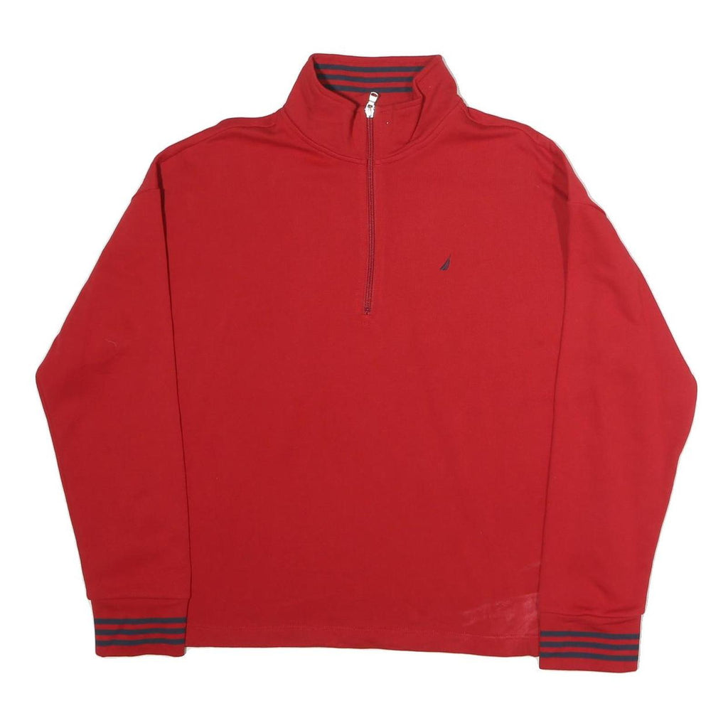 NAUTICA Mens Red 1/4 Zip Sweatshirt XL Striped Cuff Sporty Casual Pullover
