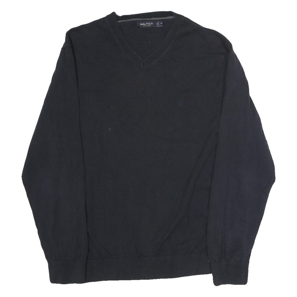 NAUTICA Mens Black Plain V-Neck Basic Knit Jumper XL Cotton Casual Wear