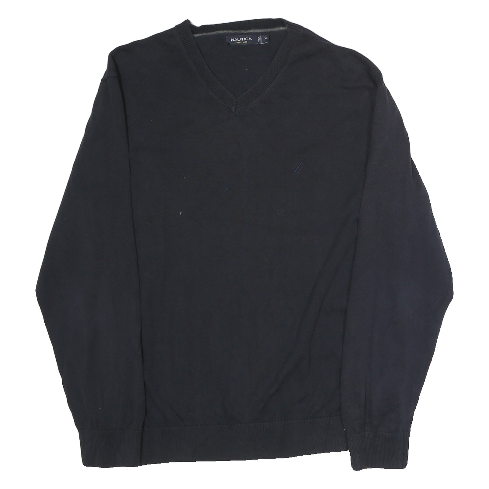 NAUTICA Mens Black Plain V-Neck Basic Knit Jumper XL Cotton Casual Wear