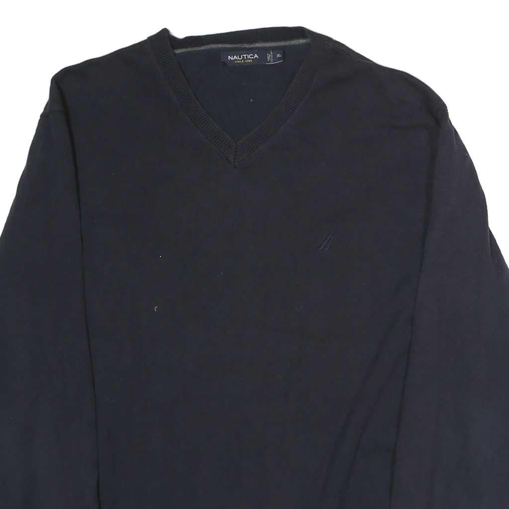 NAUTICA Mens Black Plain V-Neck Basic Knit Jumper XL Cotton Casual Wear