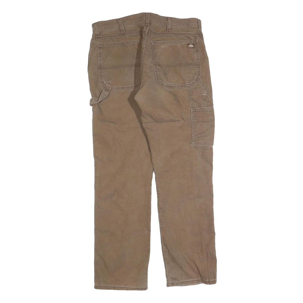 DICKIES Mens Cotton Blend Brown Regular Straight Trousers W34 L32 Workwear Zip