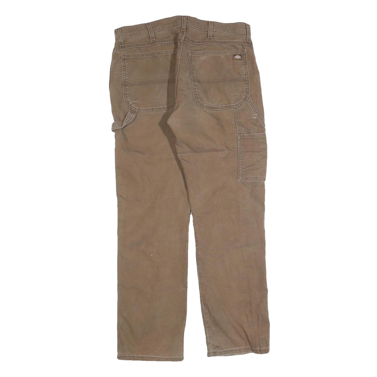 DICKIES Mens Cotton Blend Brown Regular Straight Trousers W34 L32 Workwear Zip