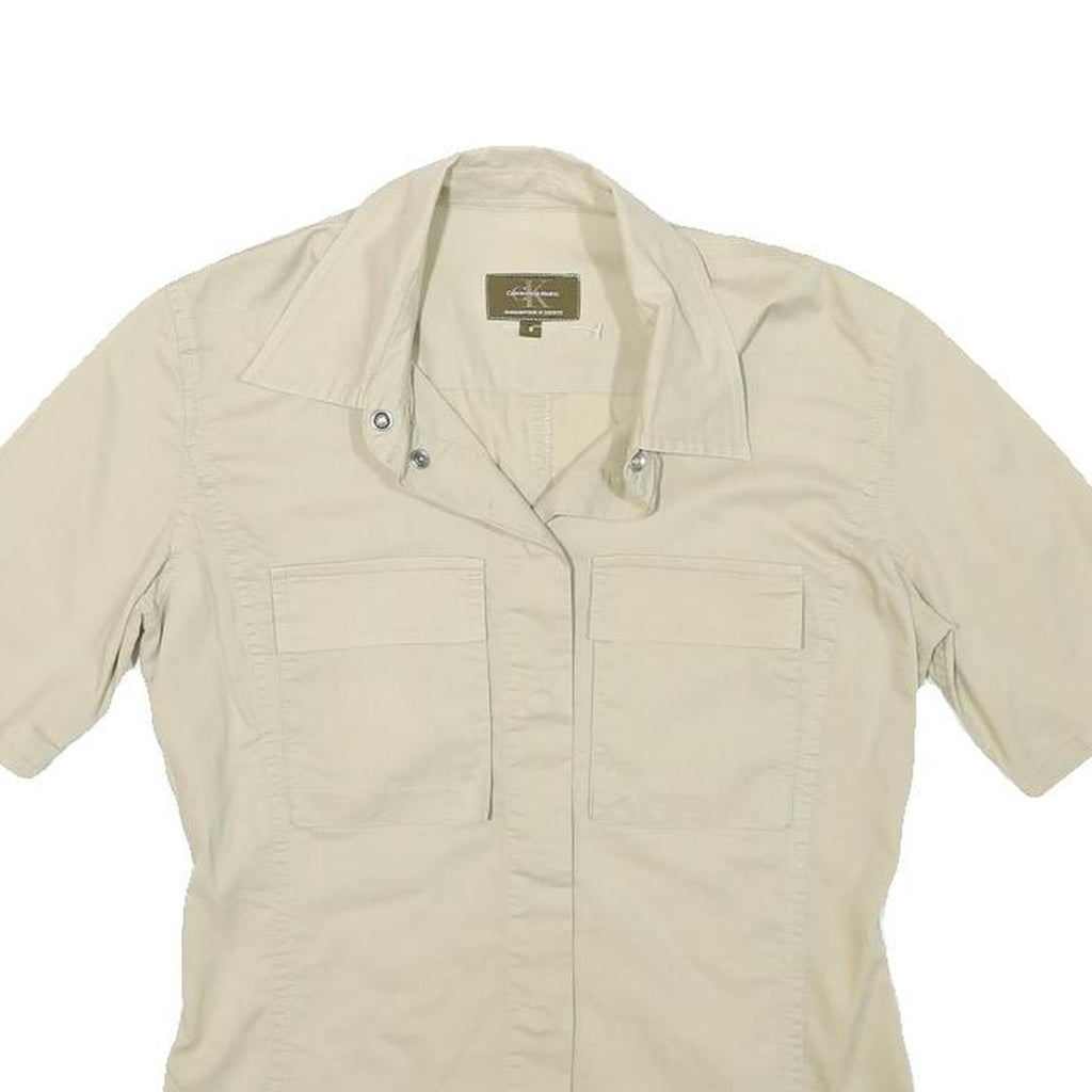 CALVIN KLEIN JEANS Womens Beige S Cotton Blend Shirt Short Sleeve Casual Summer