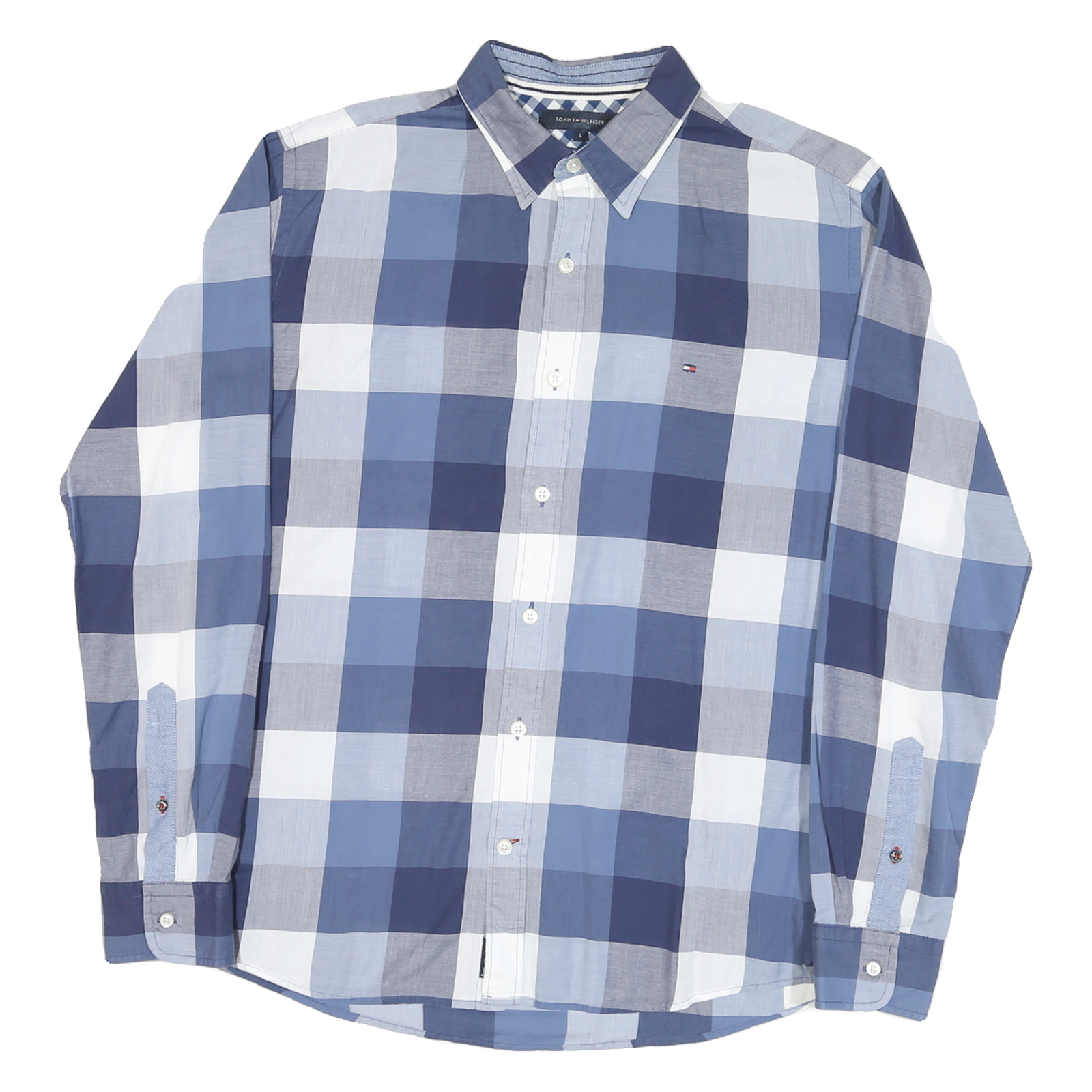 TOMMY HILFIGER Mens Blue & White Check Shirt L Classic Cotton Blend Casual