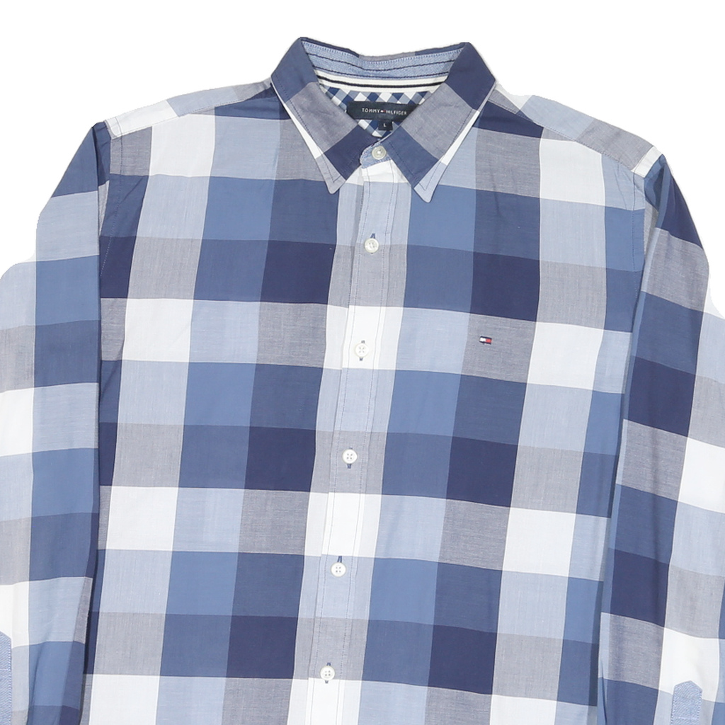 TOMMY HILFIGER Mens Blue & White Check Shirt L Classic Cotton Blend Casual