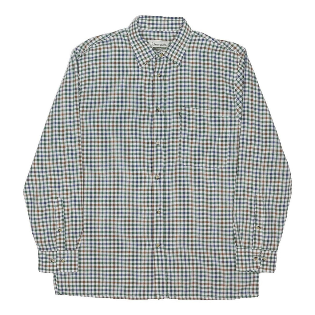 CHAMPION Mens Blue & Brown Check Shirt L Cotton Blend Casual Button-Up