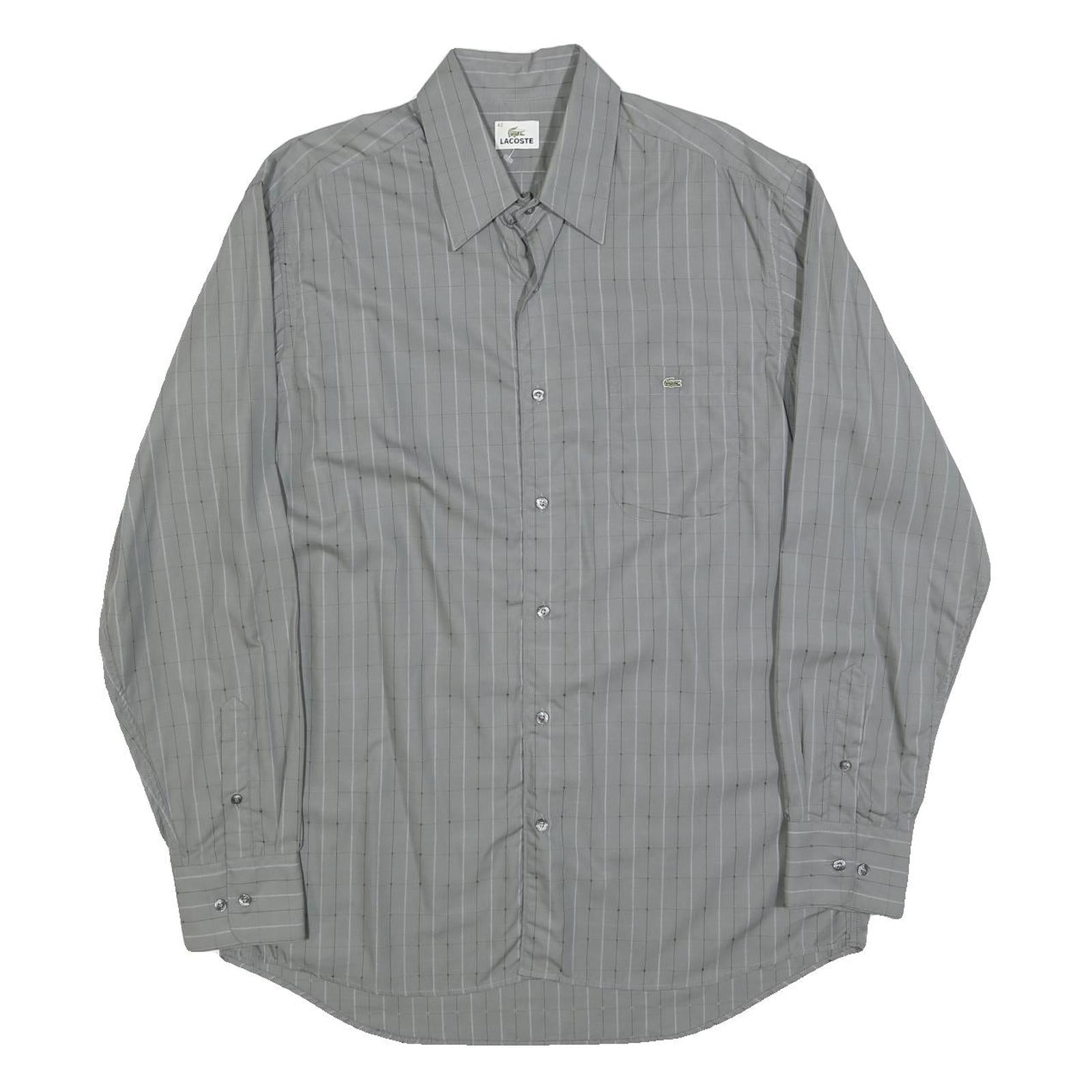 LACOSTE Mens Grey & White Checked Cotton Blend Shirt L Classic Formal Long