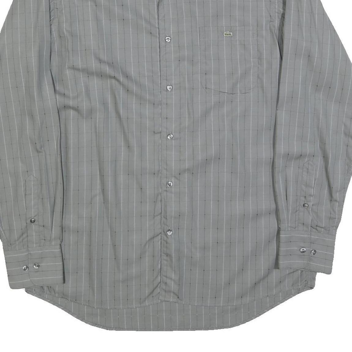 LACOSTE Mens Grey & White Checked Cotton Blend Shirt L Classic Formal Long