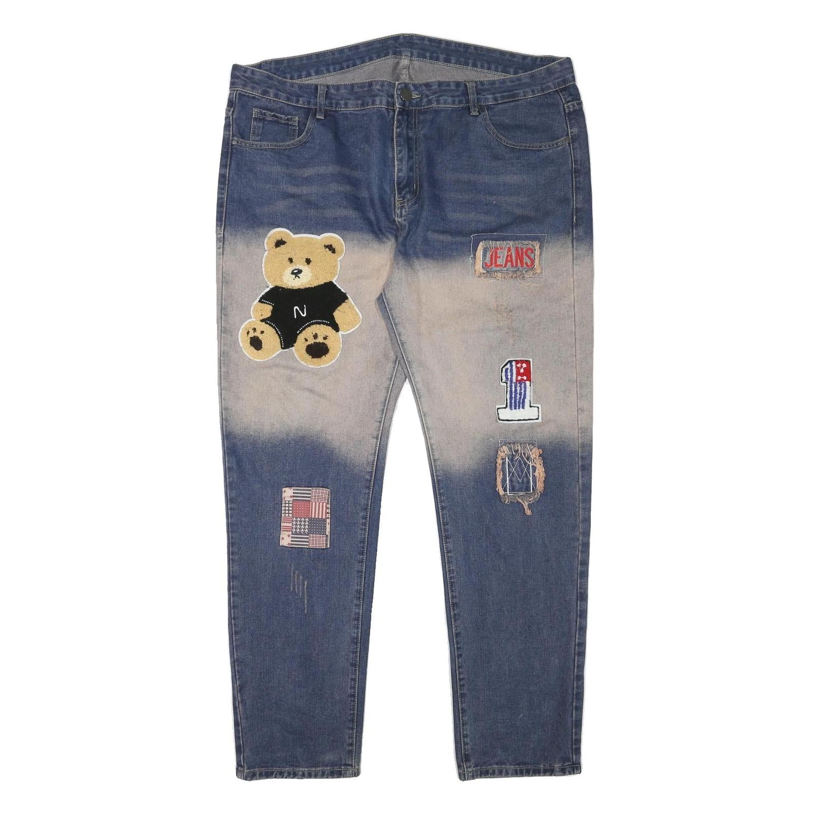 Blue Mens Slim Cotton Blend Denim Jeans W42 L31 Patch Detail Casual