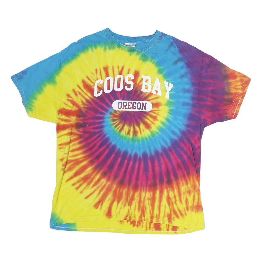 HANES Mens Yellow & Blue Tie Dye Coos Bay Oregon Graphic T-Shirt XL Short Sleeve