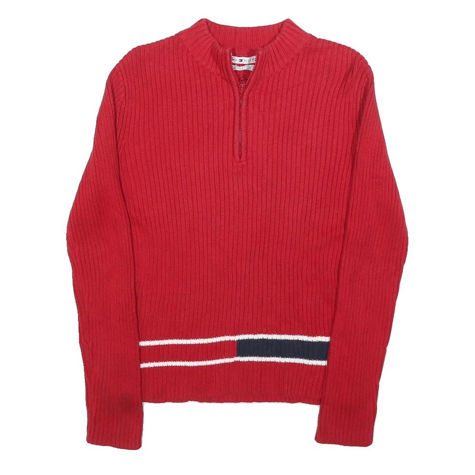 TOMMY HILFIGER Womens Red Fashion Patterned Jumper 1/4 Zip Rib Knit M Cotton
