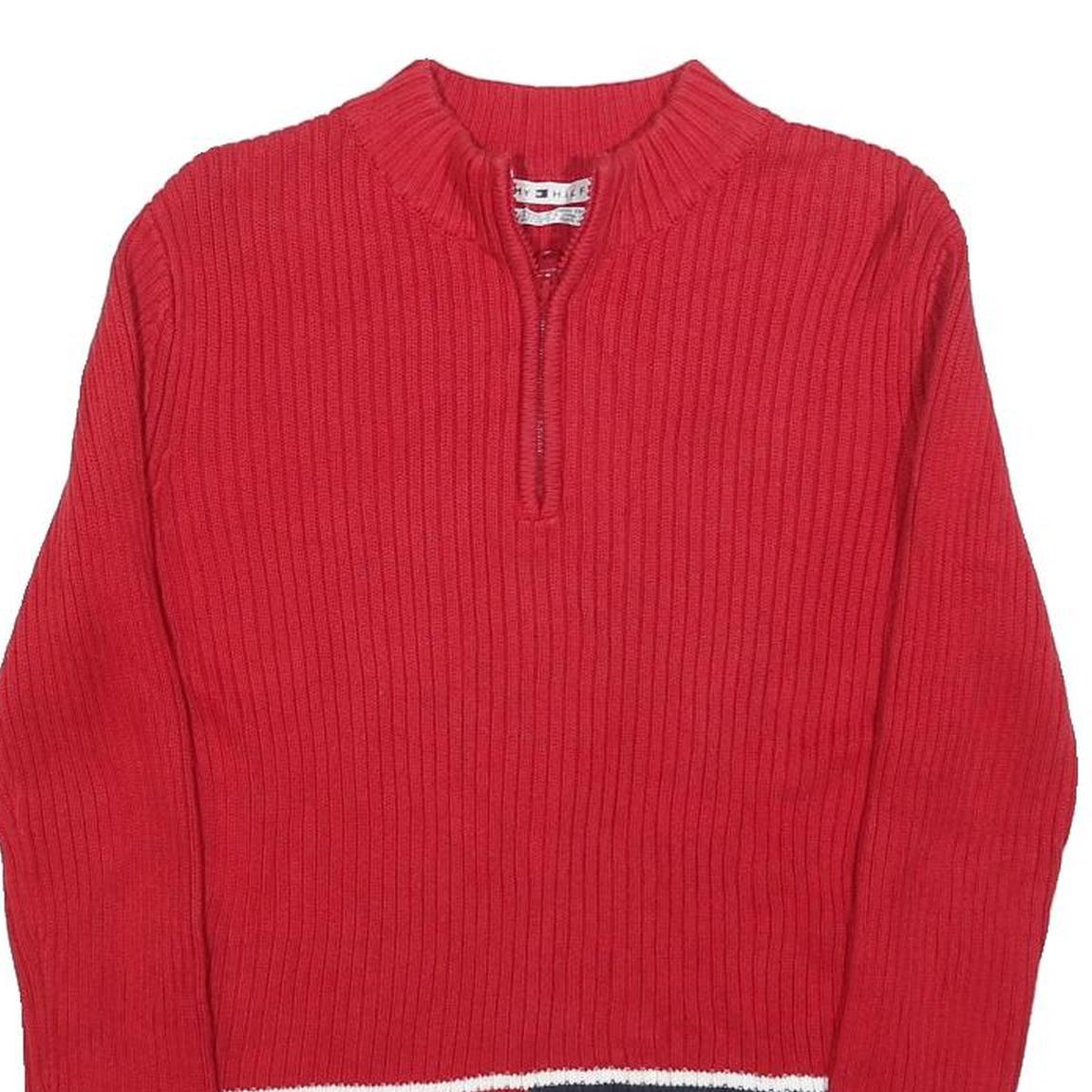 TOMMY HILFIGER Womens Red Fashion Patterned Jumper 1/4 Zip Rib Knit M Cotton