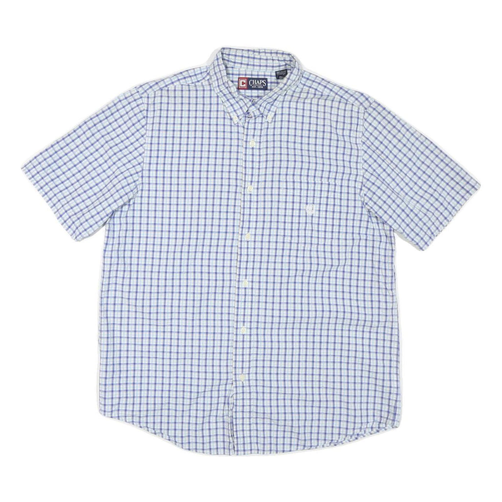 CHAPS Mens Blue & White Checked Shirt L Button-Down Collar Short Sleeve Cotton