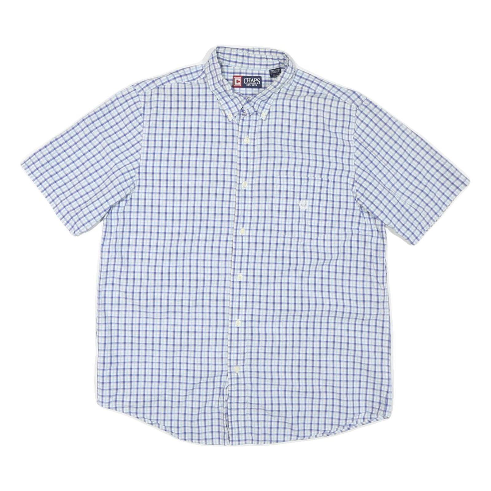 CHAPS Mens Blue & White Checked Shirt L Button-Down Collar Short Sleeve Cotton