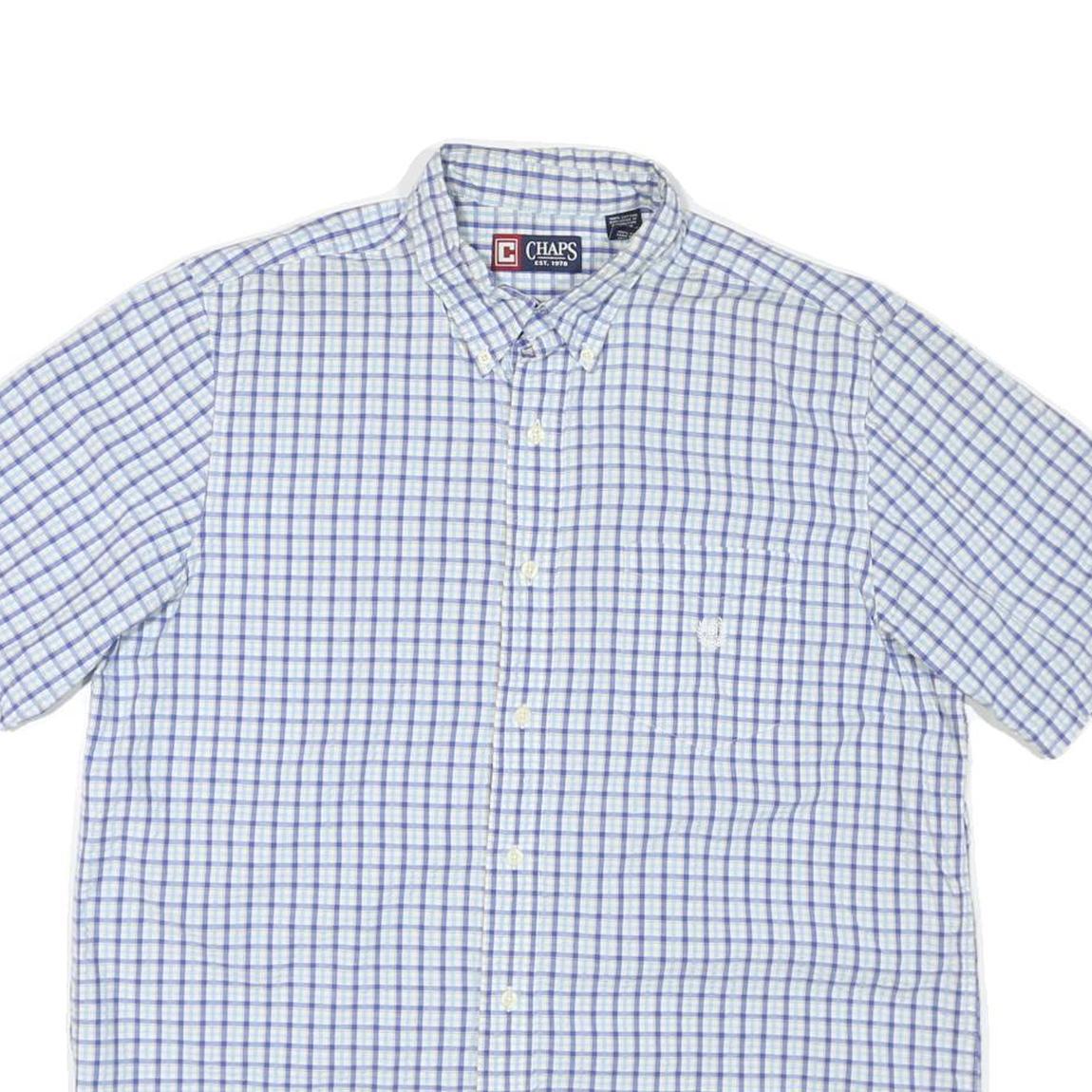 CHAPS Mens Blue & White Checked Shirt L Button-Down Collar Short Sleeve Cotton