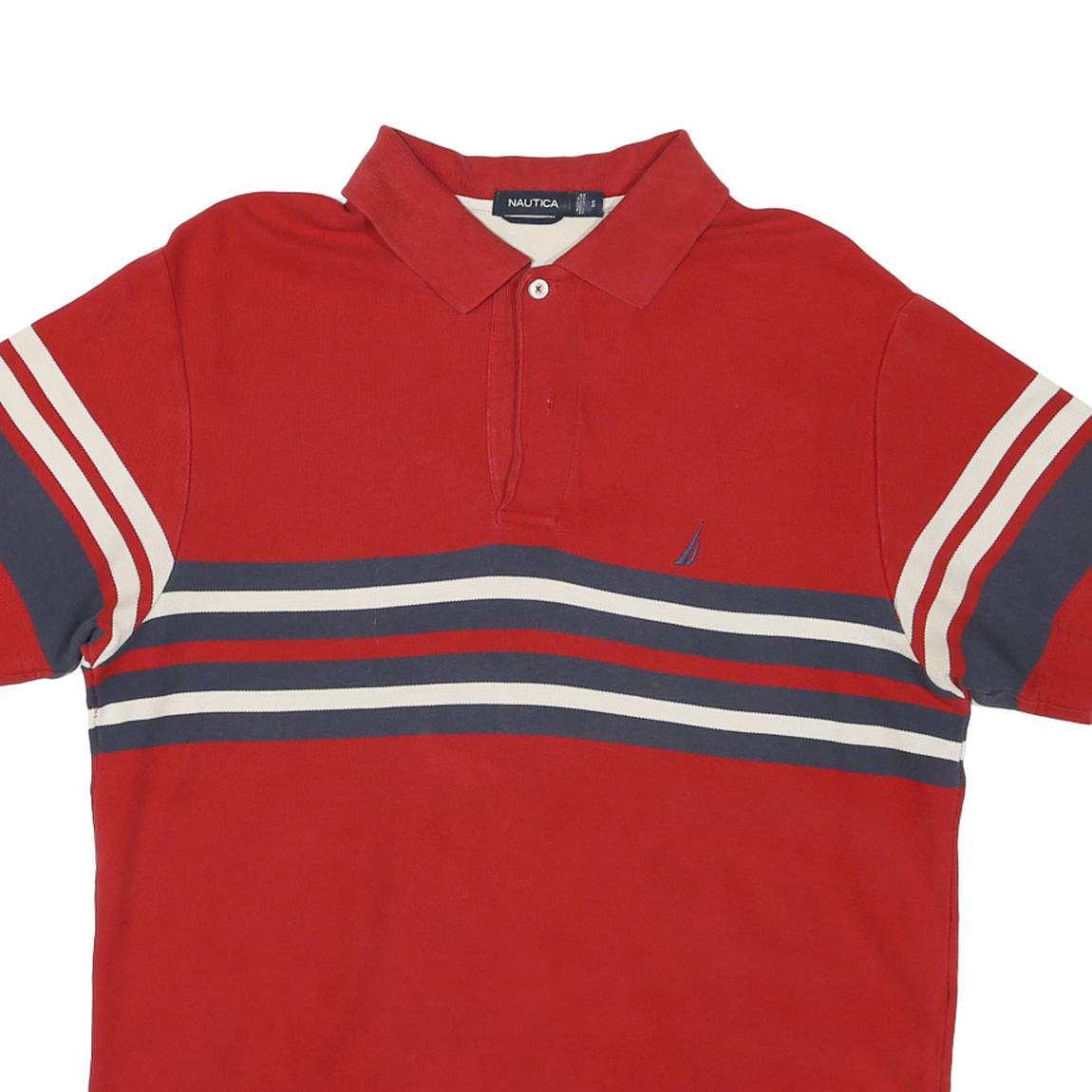 NAUTICA Mens Red Navy & Cream Striped Short Sleeve Polo Shirt S Cotton Classic