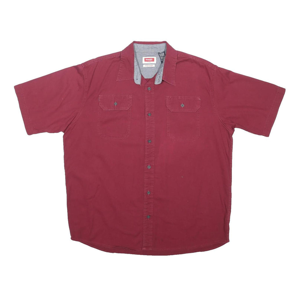 WRANGLER Mens Maroon Cotton Blend Short Sleeve Shirt L Button Pockets Casual