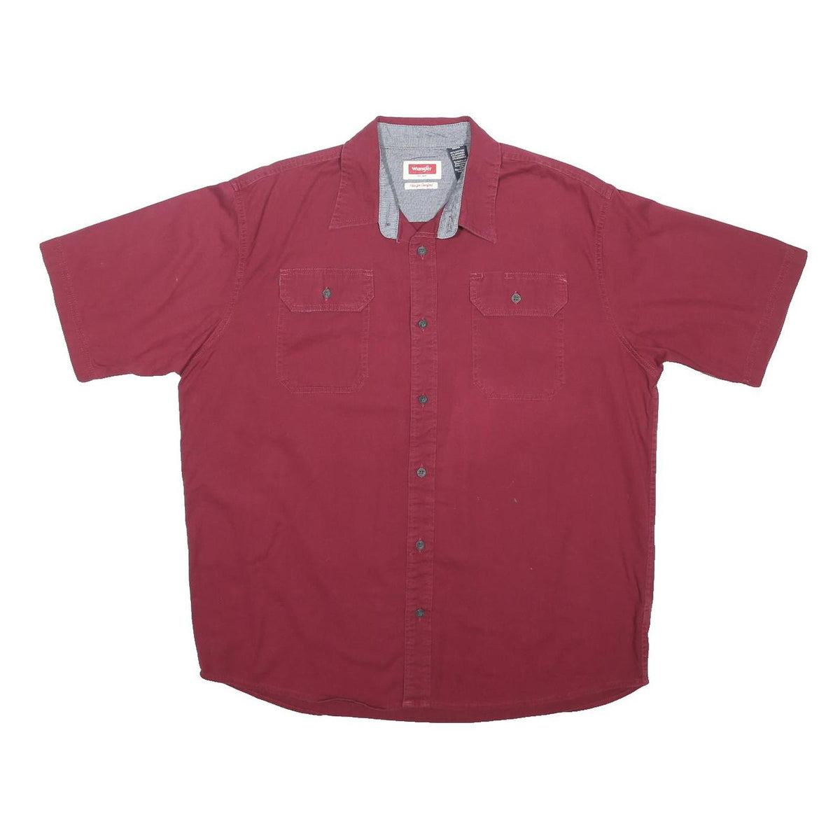 WRANGLER Mens Maroon Cotton Blend Short Sleeve Shirt L Button Pockets Casual