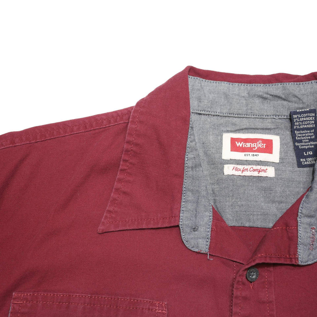 WRANGLER Mens Maroon Cotton Blend Short Sleeve Shirt L Button Pockets Casual