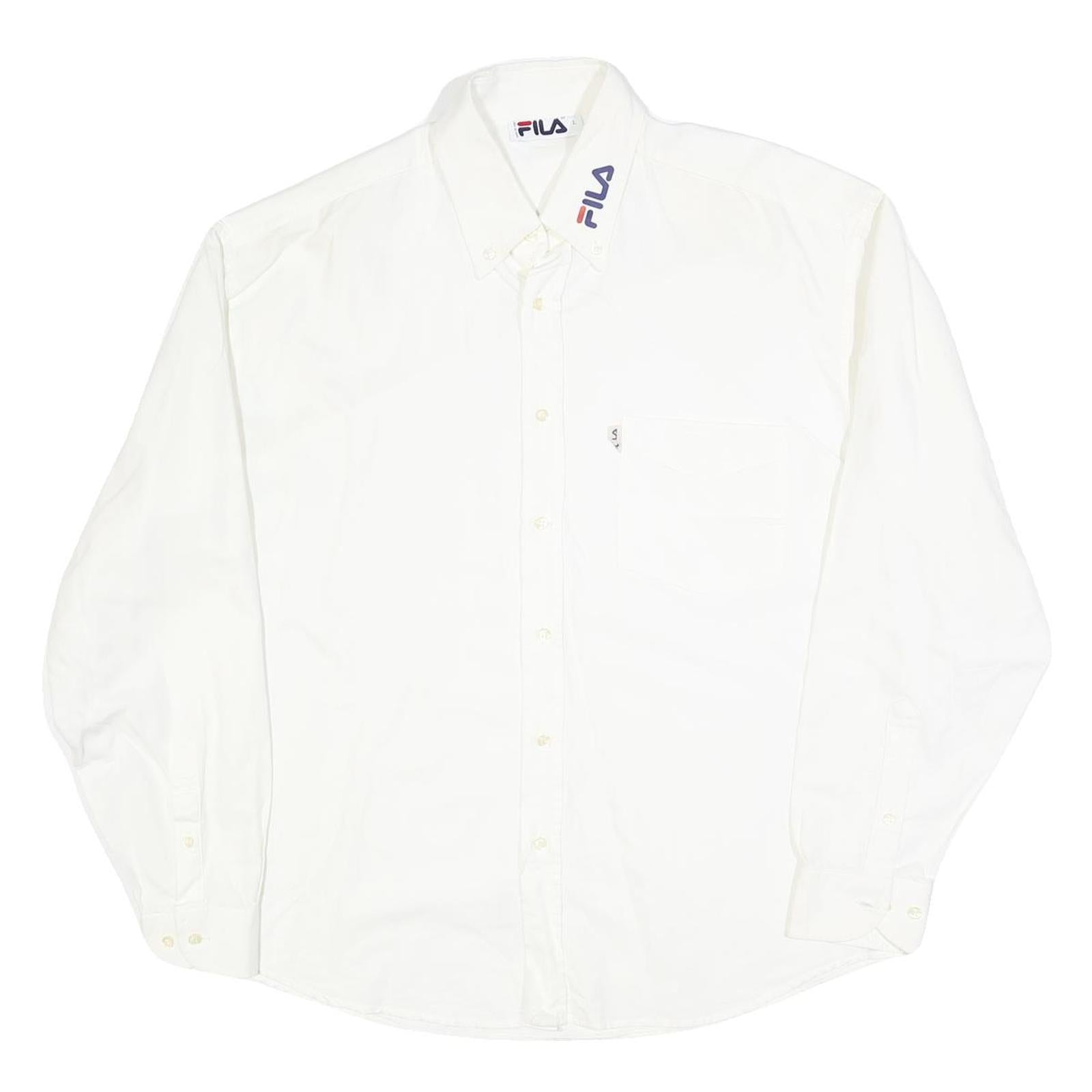 FILA Mens White Cotton Blend Shirt L Button Down Collar Long Sleeve Classic