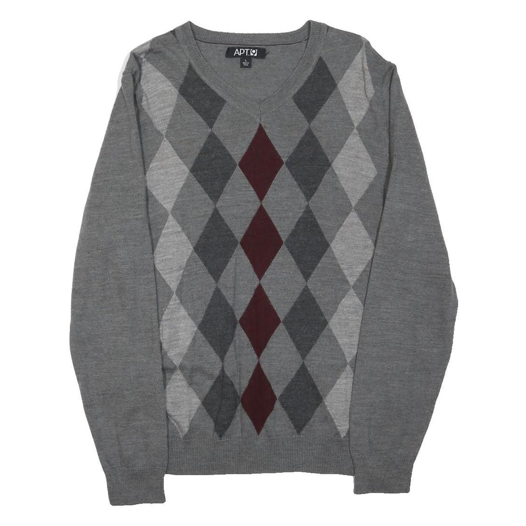 APT.9 Mens Grey Maroon Argyle Pattern V-Neck Wool Blend Jumper L Classic