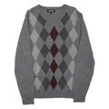 APT.9 Mens Grey Maroon Argyle Pattern V-Neck Wool Blend Jumper L Classic