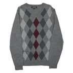 APT.9 Mens Grey Maroon Argyle Pattern V-Neck Wool Blend Jumper L Classic