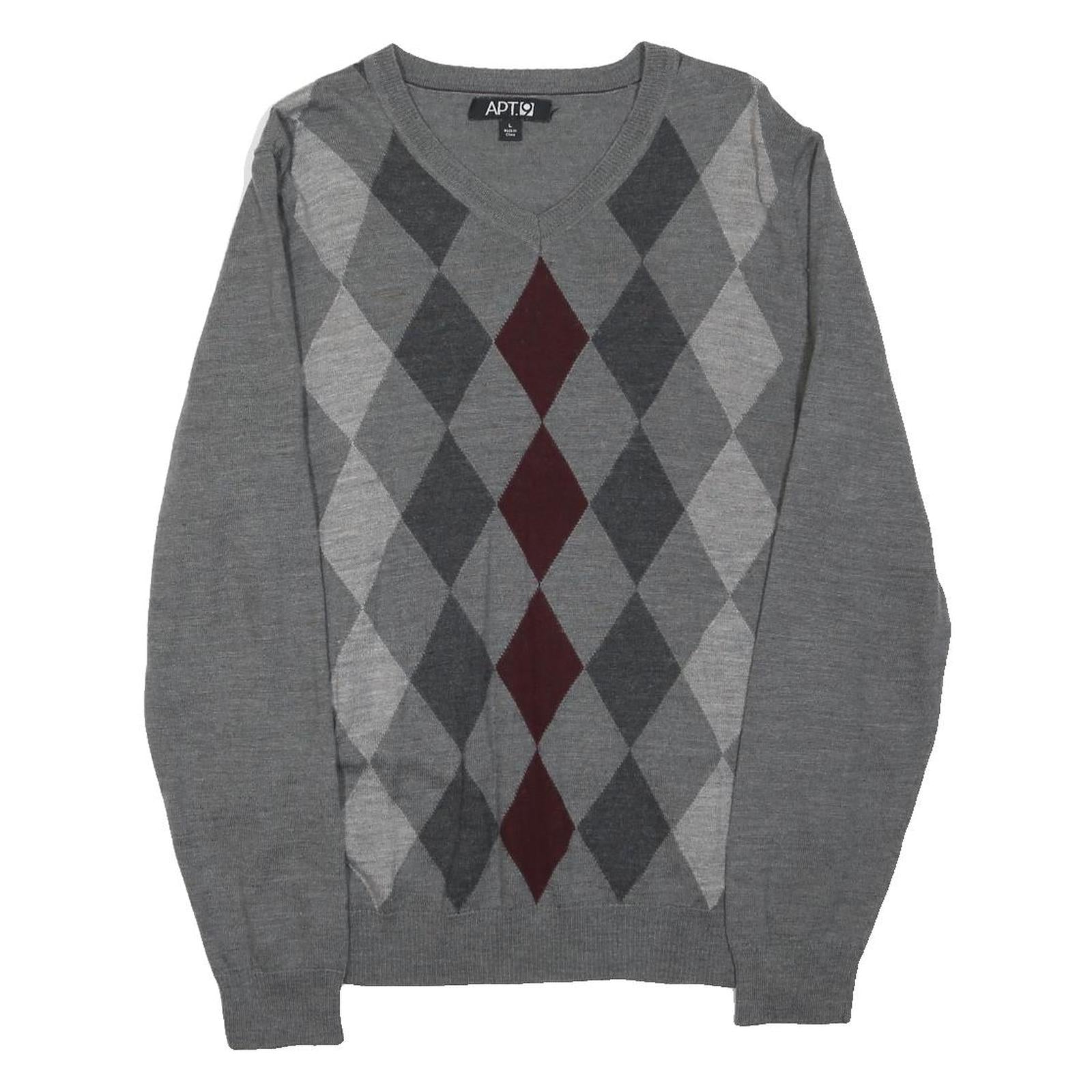 APT.9 Mens Grey Maroon Argyle Pattern V-Neck Wool Blend Jumper L Classic