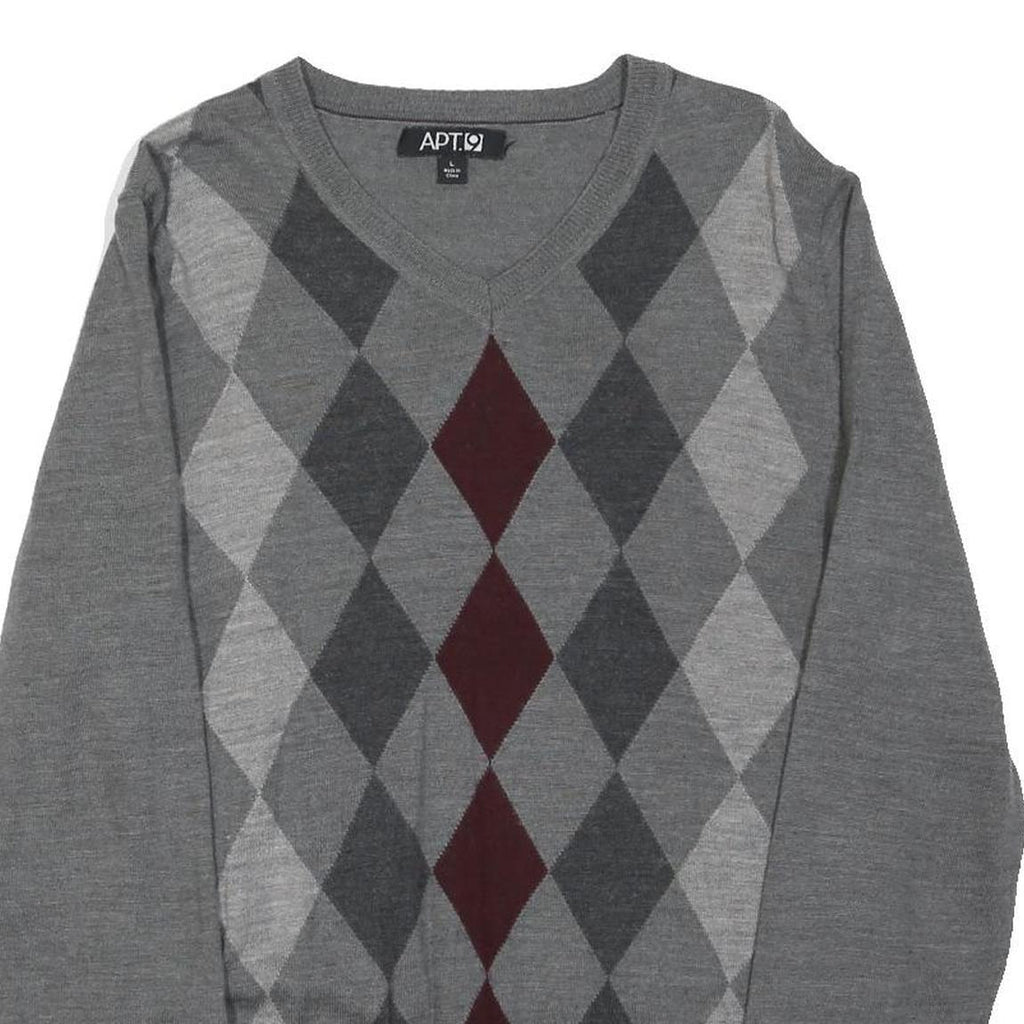 APT.9 Mens Grey Maroon Argyle Pattern V-Neck Wool Blend Jumper L Classic