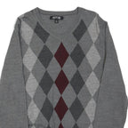 APT.9 Mens Grey Maroon Argyle Pattern V-Neck Wool Blend Jumper L Classic