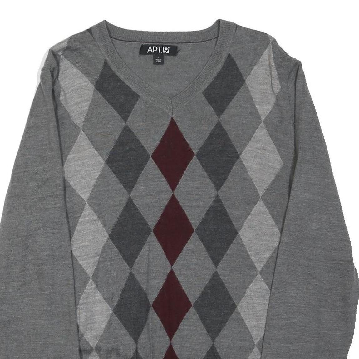 APT.9 Mens Grey Maroon Argyle Pattern V-Neck Wool Blend Jumper L Classic