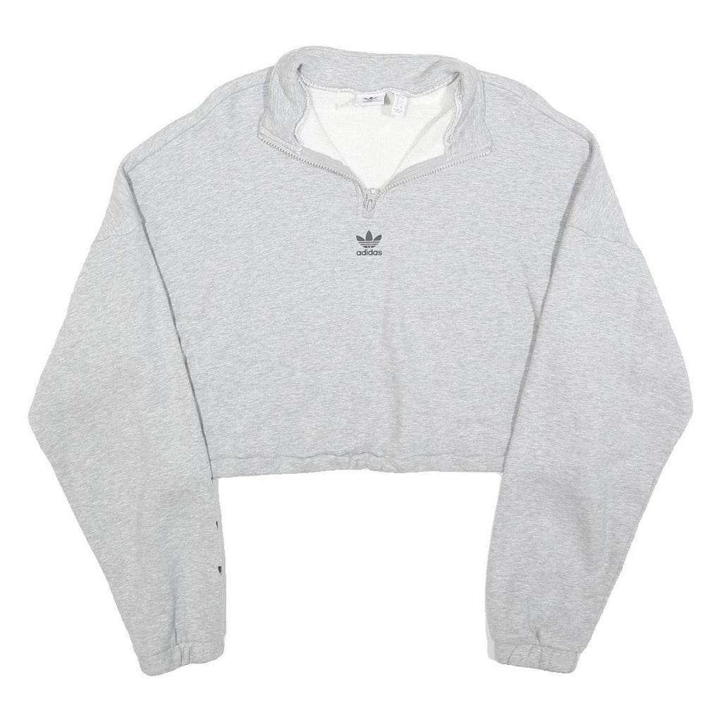 ADIDAS Womens Grey Cotton Blend Sweatshirt Crop Half Zip UK 16 Trefoil Logo