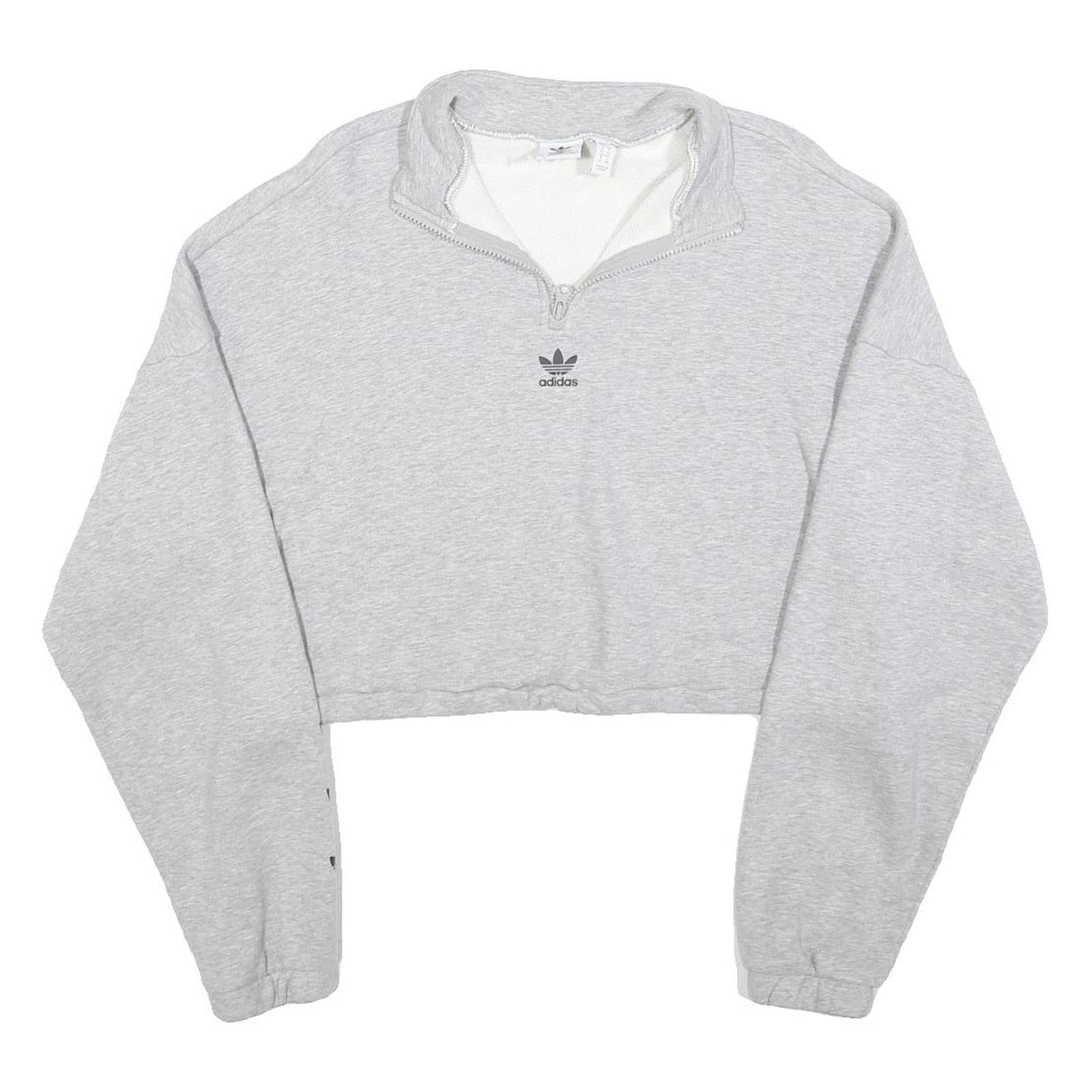 ADIDAS Womens Grey Cotton Blend Sweatshirt Crop Half Zip UK 16 Trefoil Logo