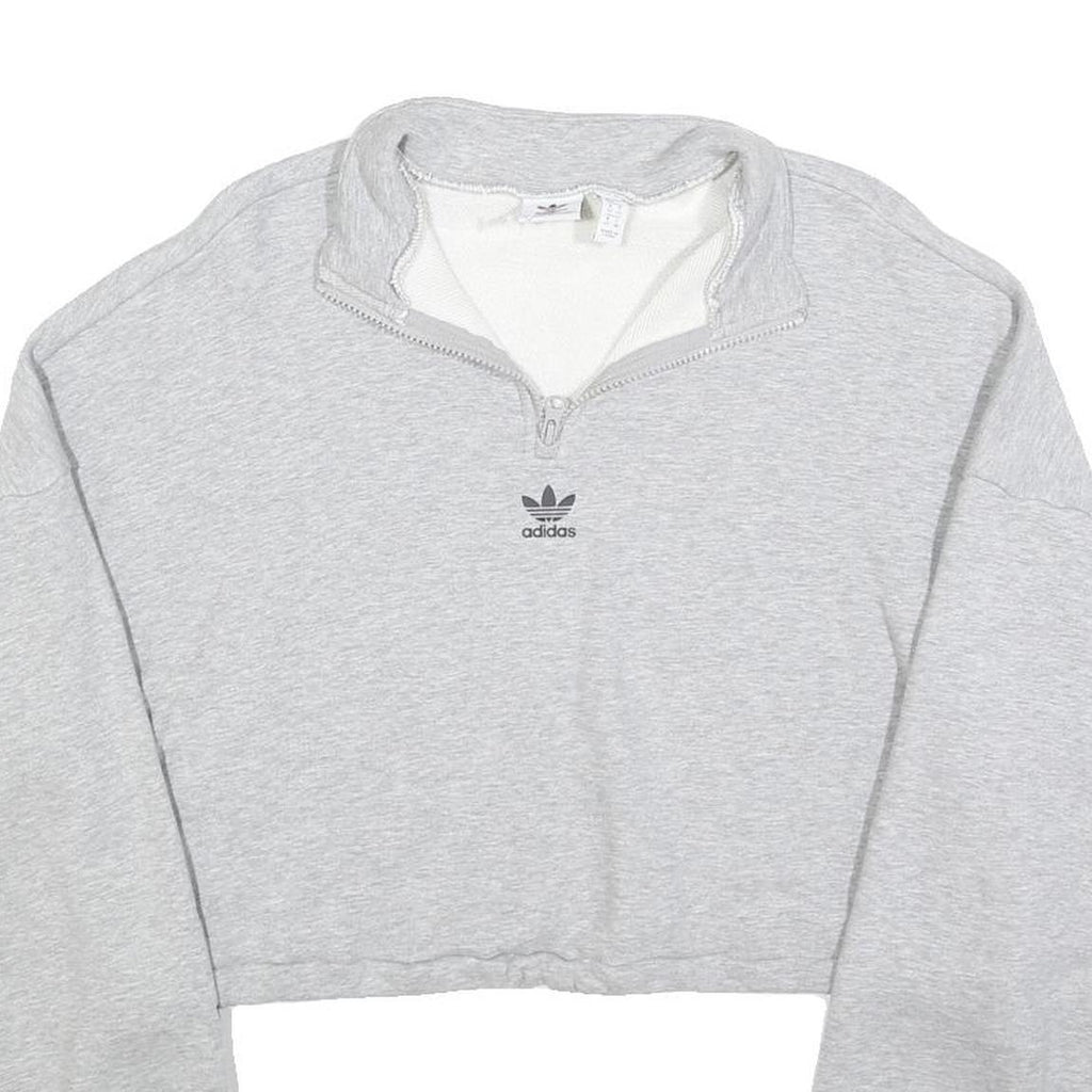 ADIDAS Womens Grey Cotton Blend Sweatshirt Crop Half Zip UK 16 Trefoil Logo