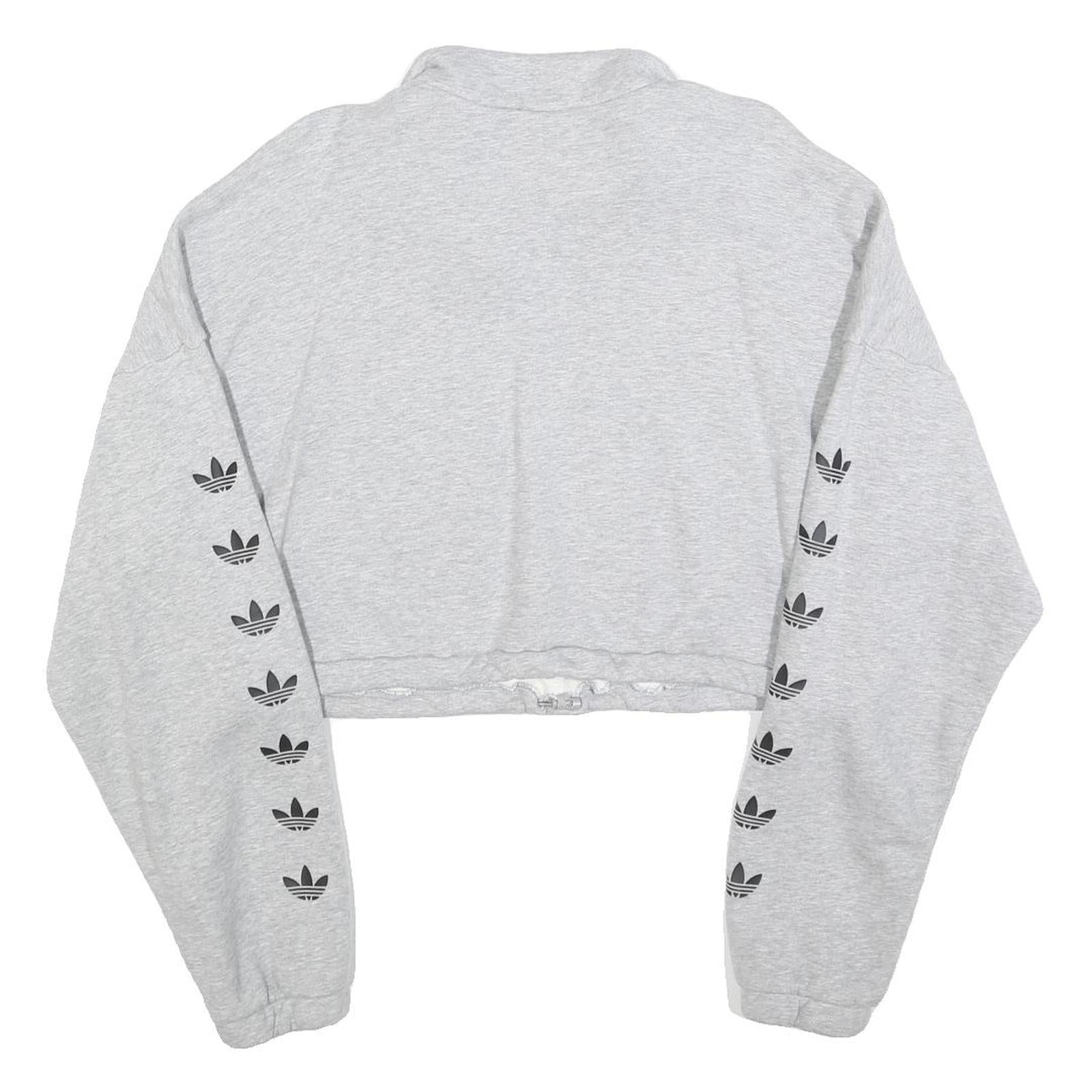 ADIDAS Womens Grey Cotton Blend Sweatshirt Crop Half Zip UK 16 Trefoil Logo