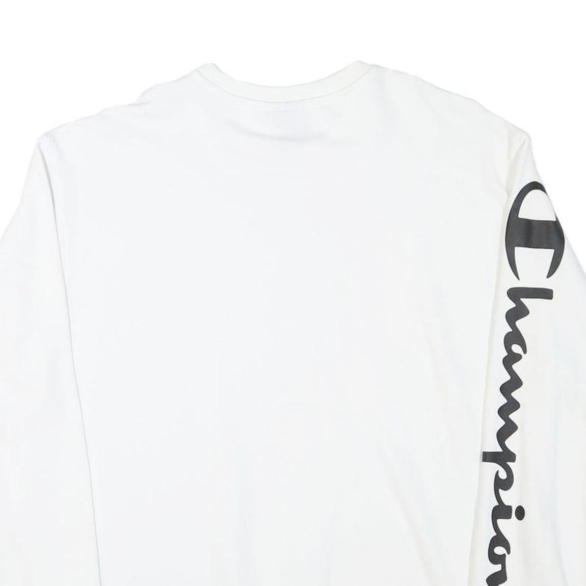 CHAMPION Mens White Crew Neck M Cotton Blend Pullover Sweatshirt Logo Sleeve