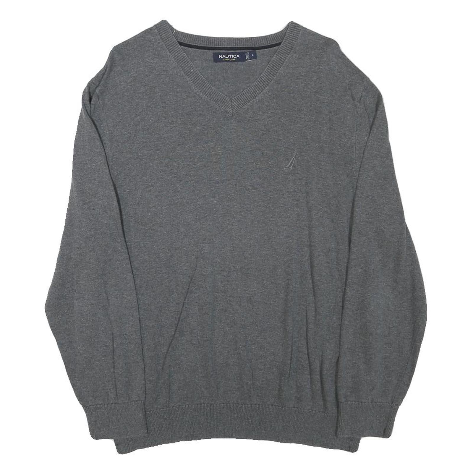 NAUTICA Mens Grey Cotton Blend Plain V-Neck Basic Knit Jumper L Casual Classic