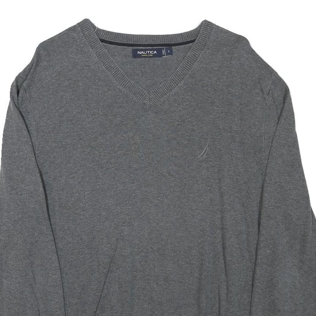 NAUTICA Mens Grey Cotton Blend Plain V-Neck Basic Knit Jumper L Casual Classic