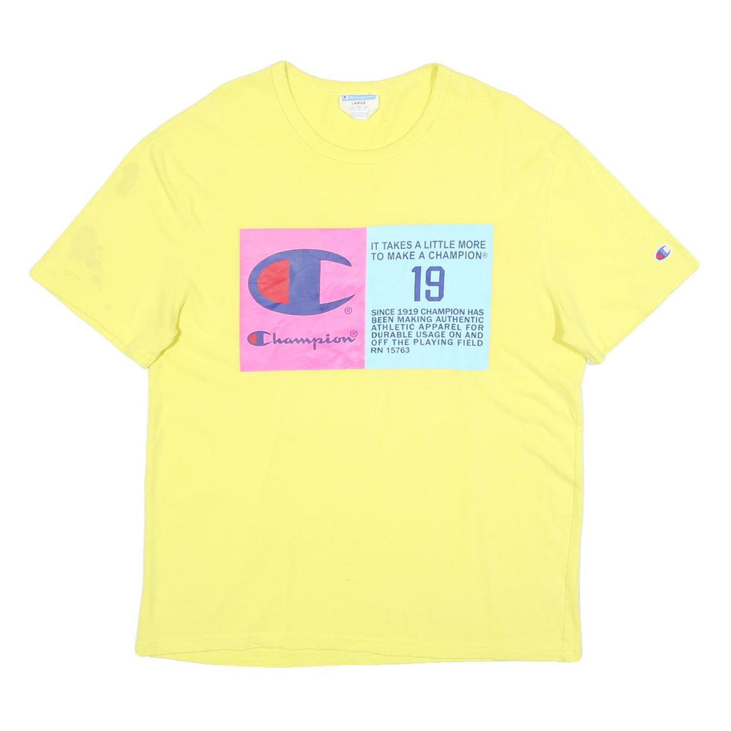 CHAMPION Mens Yellow Cotton Blend Graphic T-Shirt L Short Sleeve Crew Neck