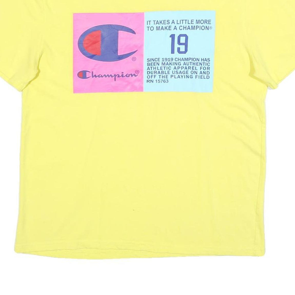 CHAMPION Mens Yellow Cotton Blend Graphic T-Shirt L Short Sleeve Crew Neck