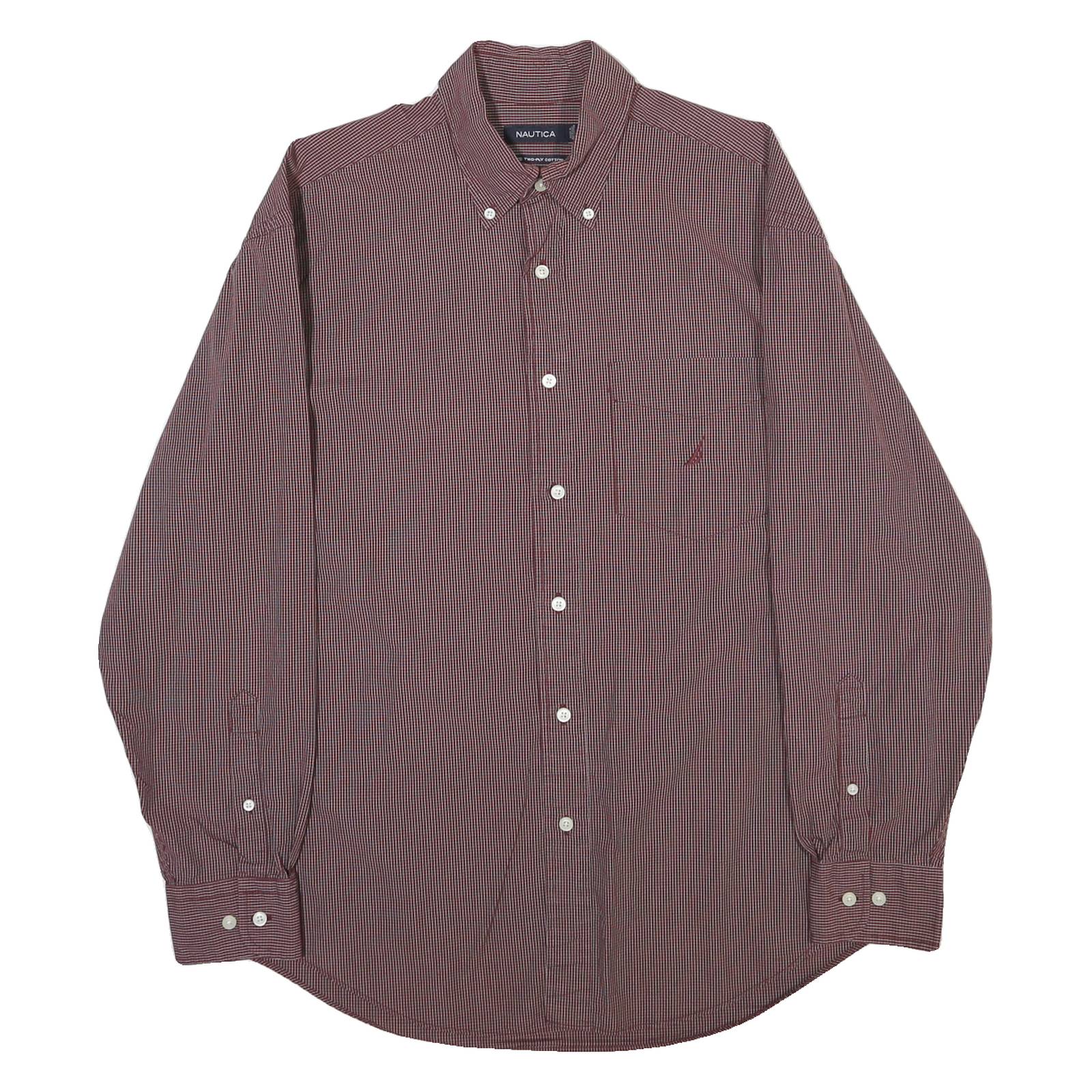 NAUTICA Mens Maroon & Navy Checked Cotton Blend Shirt L Button-Down Collar