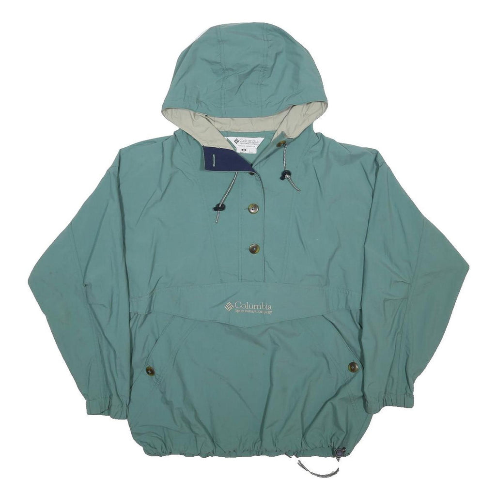 COLUMBIA Womens Blue Nylon Outdoor Jacket L Hooded Button Closure Plain