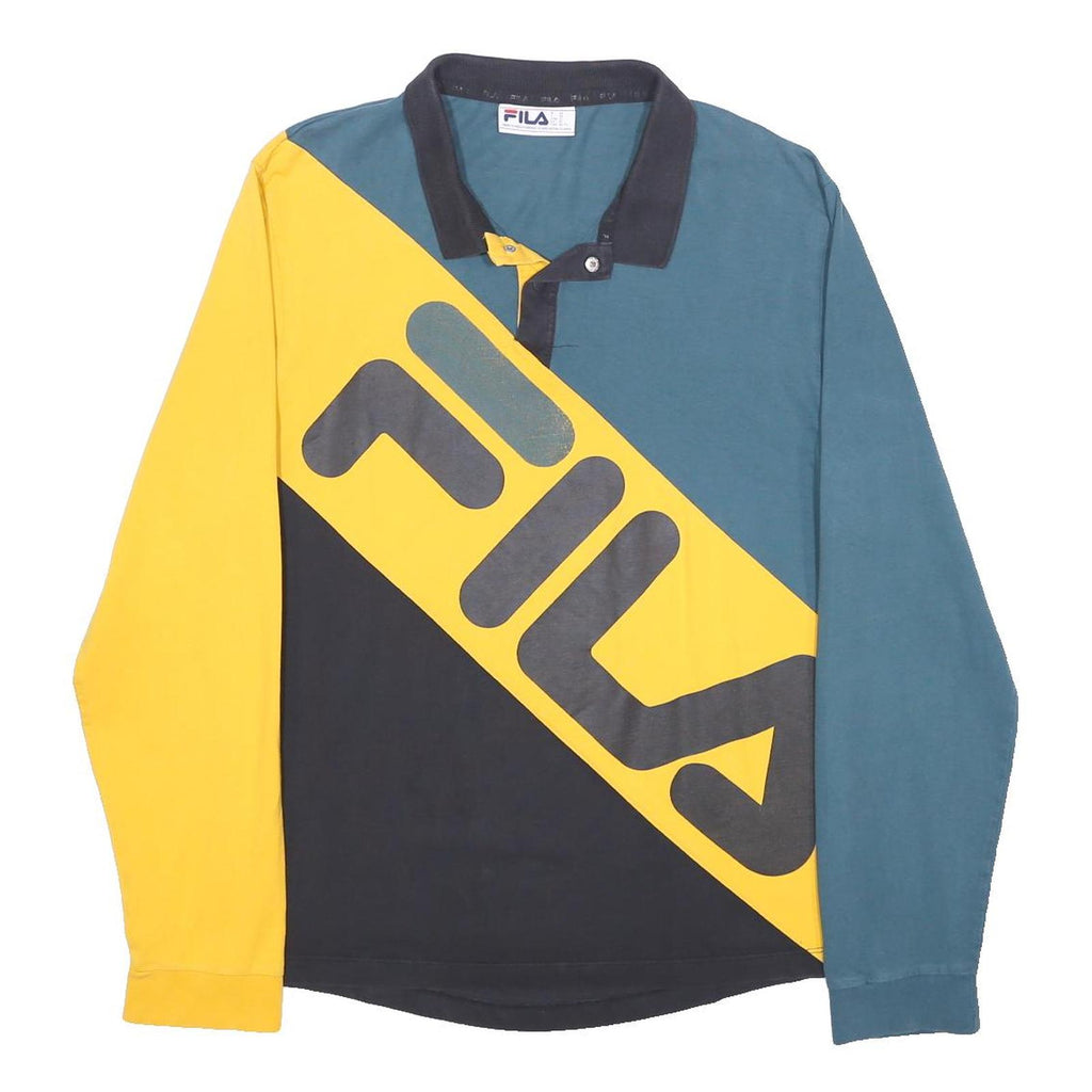 FILA Mens Blue & Yellow Black Long Sleeve Colourblock Polo Shirt XL Cotton