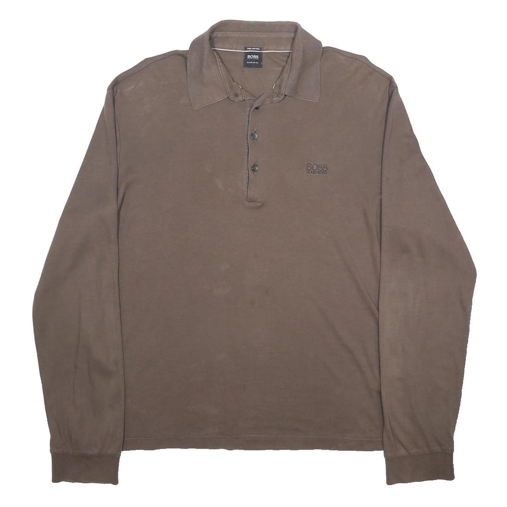 BOSS HUGO BOSS Mens Brown Long Sleeve Plain L Cotton Polo Shirt Logo