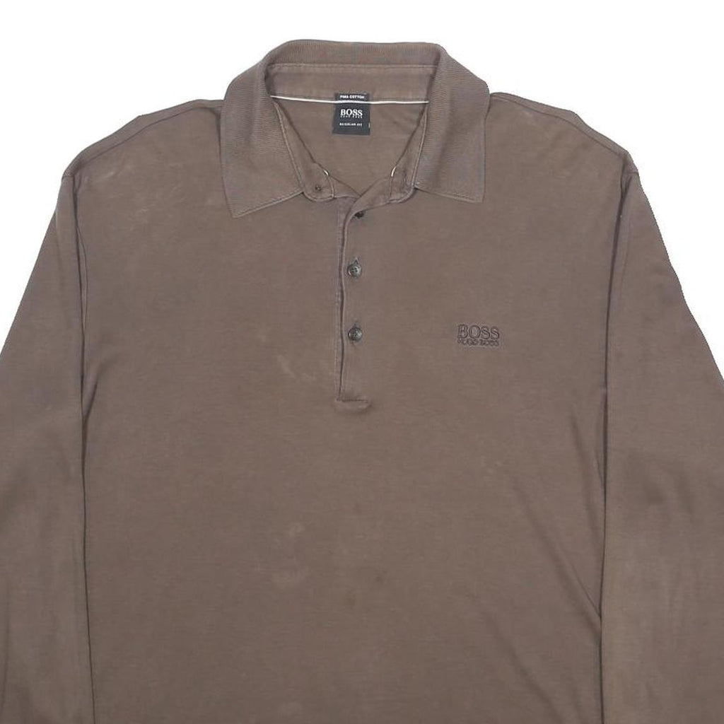 BOSS HUGO BOSS Mens Brown Long Sleeve Plain L Cotton Polo Shirt Logo
