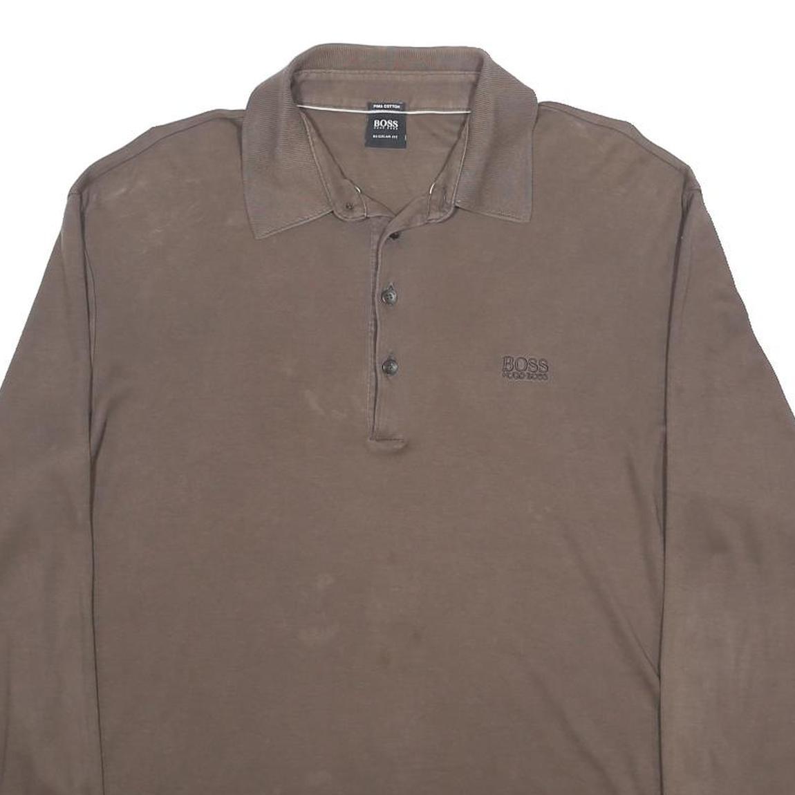 BOSS HUGO BOSS Mens Brown Long Sleeve Plain L Cotton Polo Shirt Logo