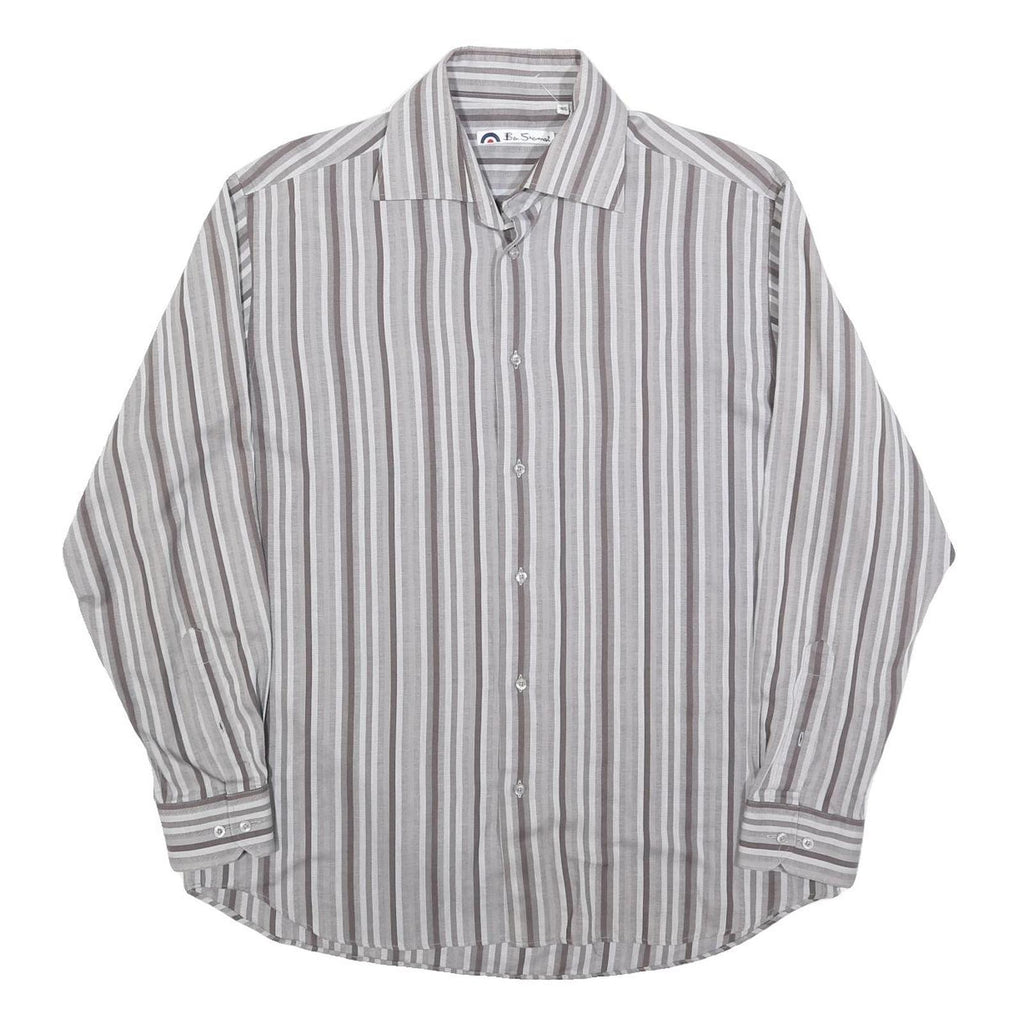 BEN SHERMAN Mens Grey & White Striped Shirt L Classic Cotton Blend Casual