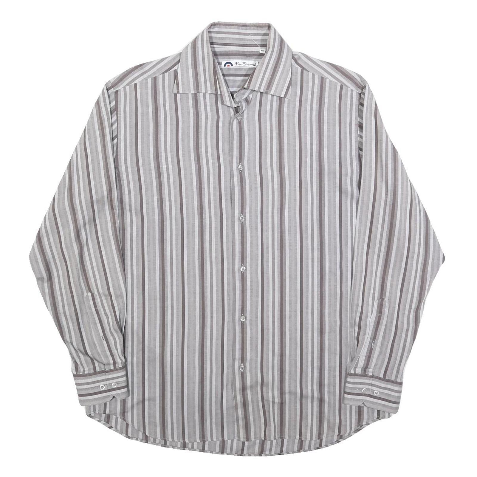 BEN SHERMAN Mens Grey & White Striped Shirt L Classic Cotton Blend Casual