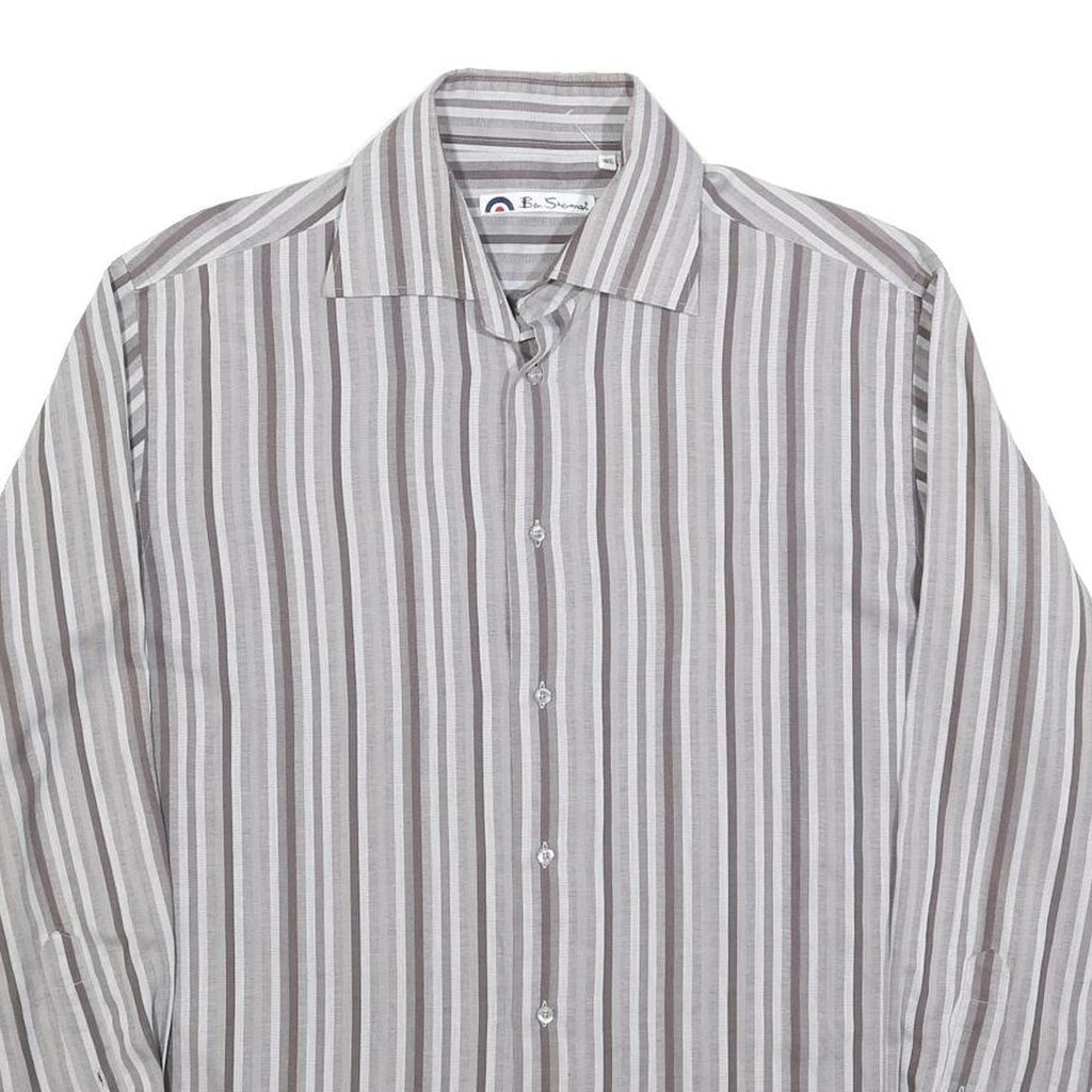 BEN SHERMAN Mens Grey & White Striped Shirt L Classic Cotton Blend Casual